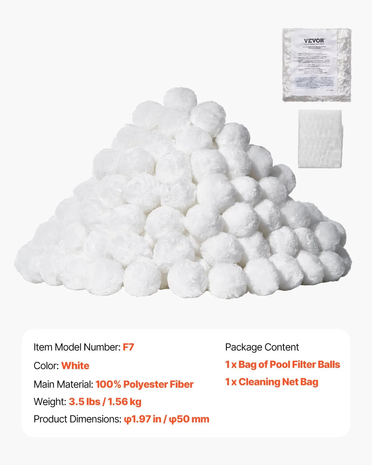 VEVOR Pool Filter Balls for Sand Filters, 1.6 kg, Reusable Polyester Fibre Filter Balls with Washing Bag, for Swimming Pools, Above Ground Pools and Aquariums