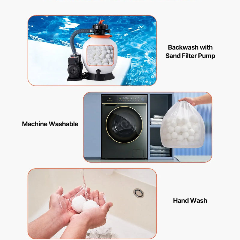 VEVOR baseina filtra bumbiņas smilšu filtriem, 2 kg, atkārtoti lietojamas poliestera šķiedras filtra bumbiņas ar mazgāšanas maisu, peldbaseiniem, virszemes baseiniem un akvārijiem