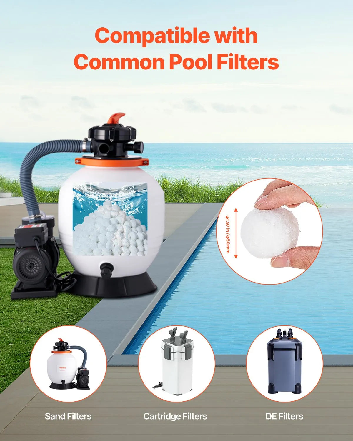 VEVOR Pool Filter Balls for Sand Filters, 2 kg, Reusable Polyester Fibre Filter Balls with Washing Bag, for Swimming Pools, Above Ground Pools and Aquariums