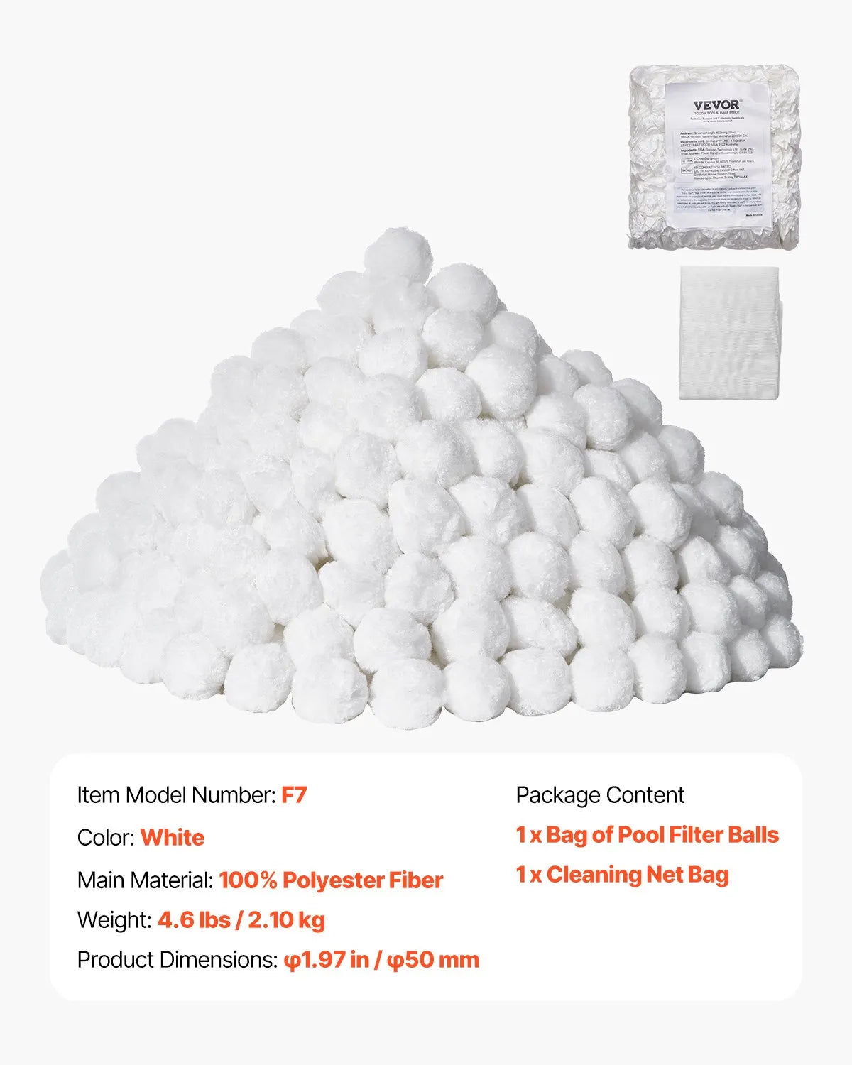 VEVOR Pool Filter Balls for Sand Filters, 2 kg, Reusable Polyester Fibre Filter Balls with Washing Bag, for Swimming Pools, Above Ground Pools and Aquariums