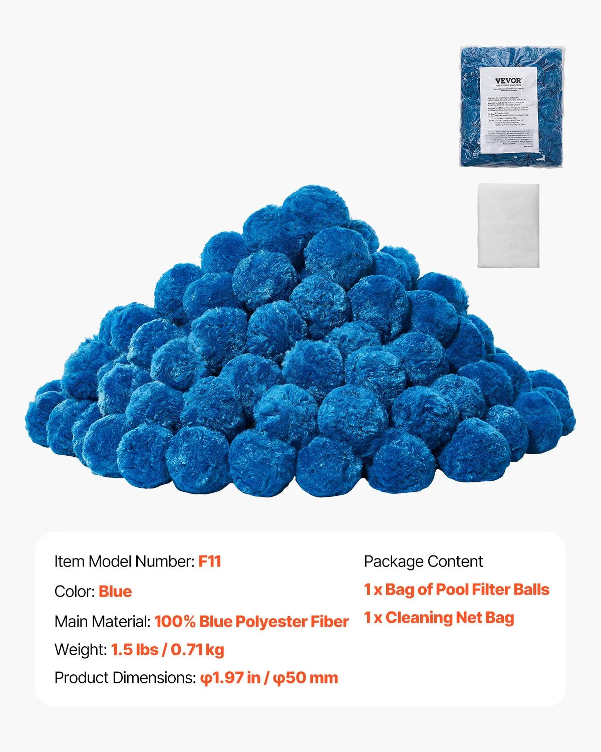 VEVOR Pool Filter Balls for Sand Filters, 0.7 kg, Reusable Blue Polyester Fibre Filter Media with Washing Bag, for Swimming Pools, Aquariums and Above Ground Pools