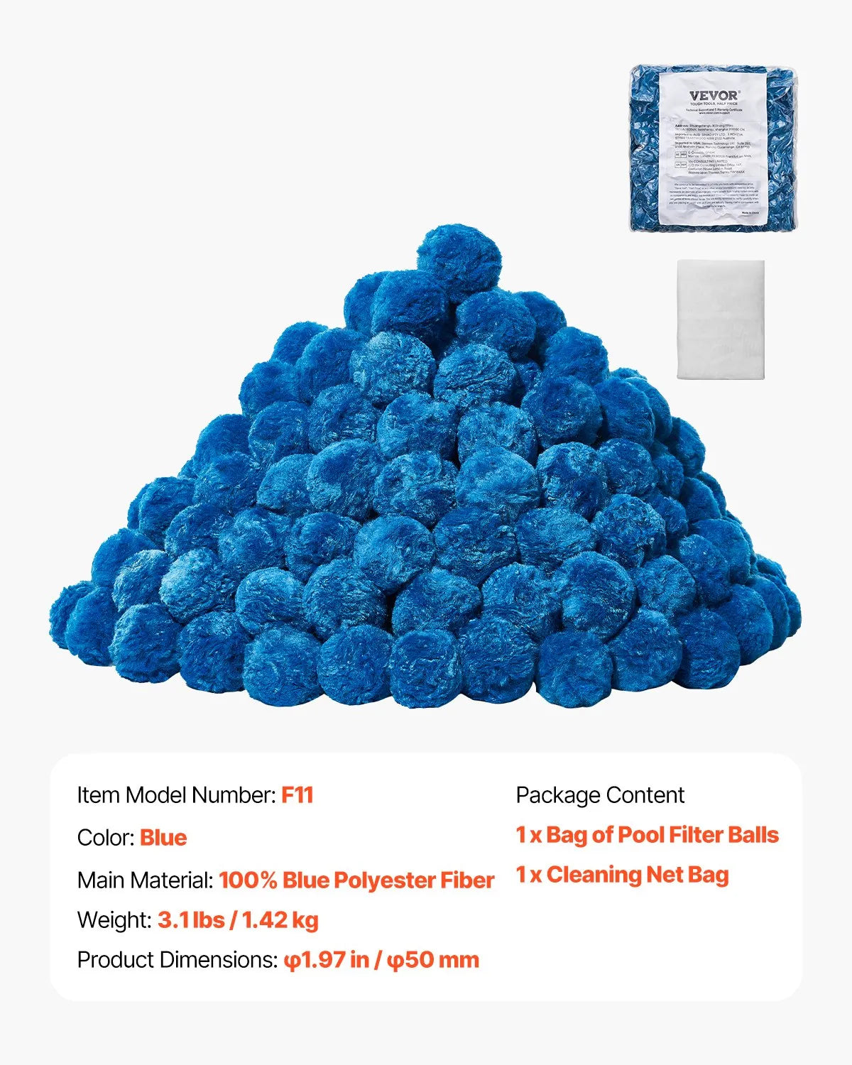 VEVOR Pool Filter Balls for Sand Filters, 1.4 kg, Reusable Blue Polyester Fibre Filter Media with Washing Bag, for Swimming Pools, Aquariums and Above Ground Pools
