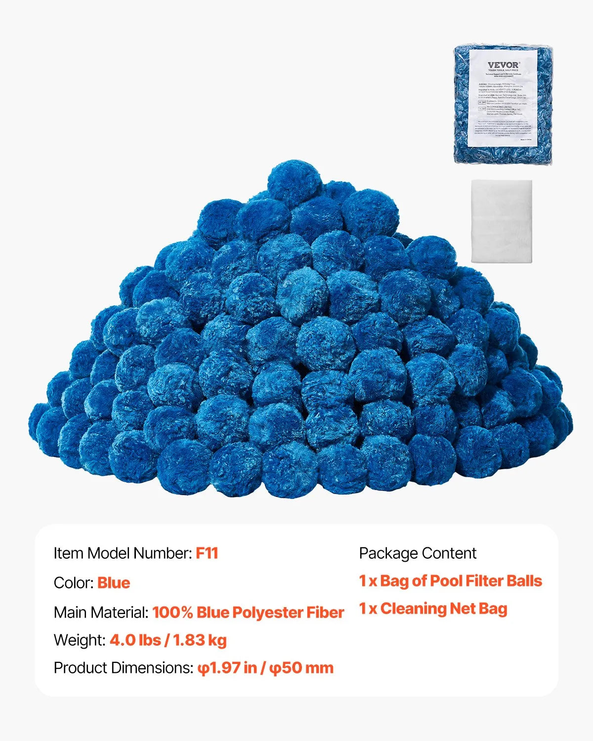 VEVOR Pool Filter Balls for Sand Filters, 1.8 kg, Reusable Blue Polyester Fibre Filter Media with Washing Bag, for Swimming Pools, Aquariums and Above Ground Pools