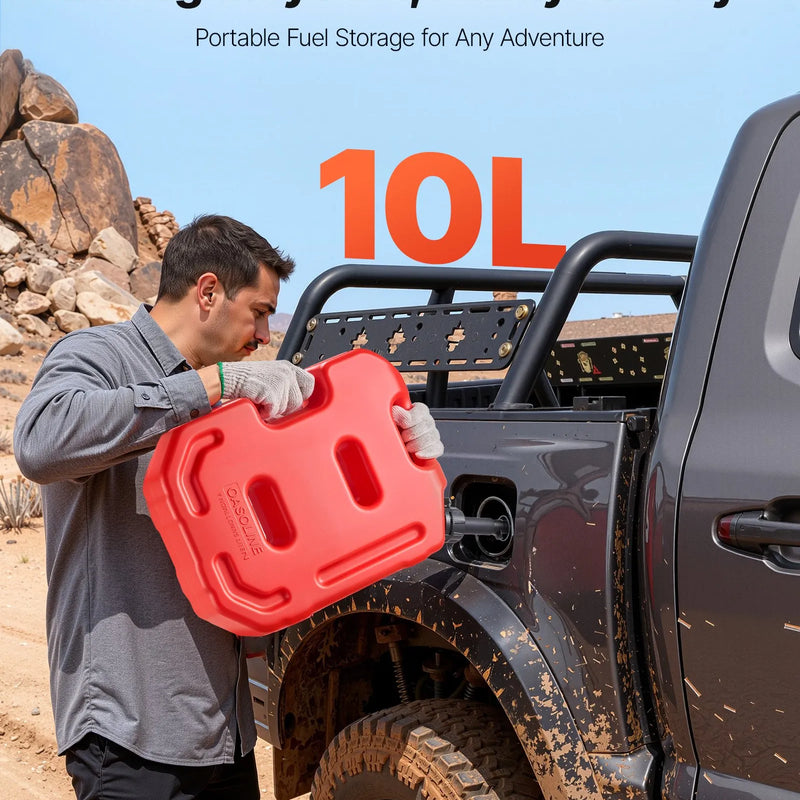 VEVOR degvielas kanna 10 l, plakana pārnēsājama degvielas tvertne ar uzgali un slēdzamu stiprinājumu, plūsmas ātrums līdz 15 l/min, hermētiska un droša, paredzēta automobiļiem, motocikliem, ATV un UTV, sarkana