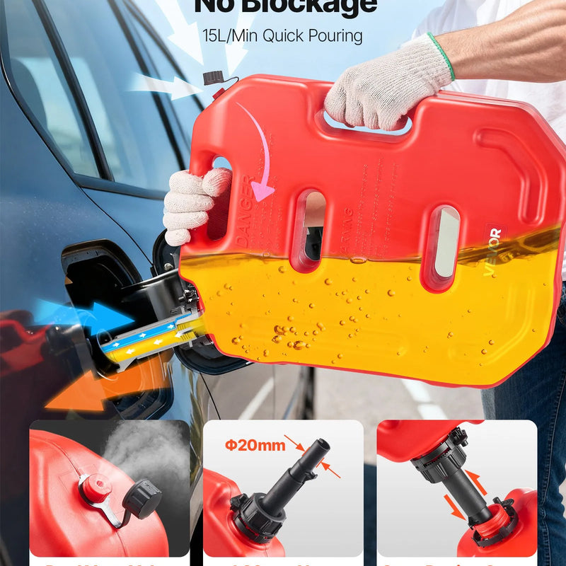 VEVOR degvielas kanna 10 l, plakana pārnēsājama degvielas tvertne ar uzgali un slēdzamu stiprinājumu, plūsmas ātrums līdz 15 l/min, hermētiska un droša, paredzēta automobiļiem, motocikliem, ATV un UTV, sarkana
