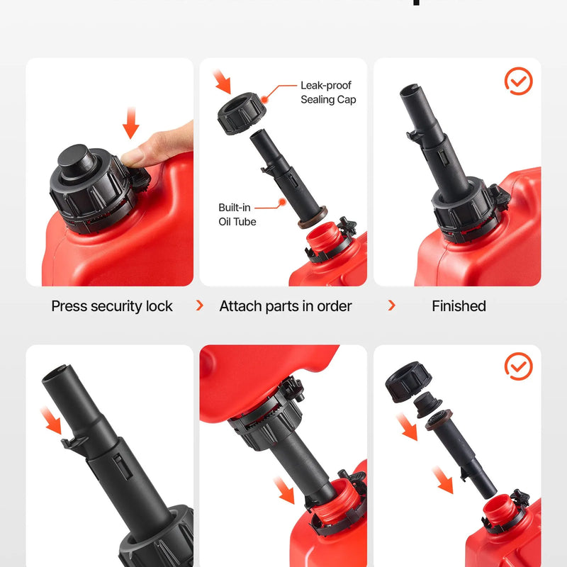 VEVOR degvielas kanna 10 l, plakana pārnēsājama degvielas tvertne ar uzgali un slēdzamu stiprinājumu, plūsmas ātrums līdz 15 l/min, hermētiska un droša, paredzēta automobiļiem, motocikliem, ATV un UTV, sarkana