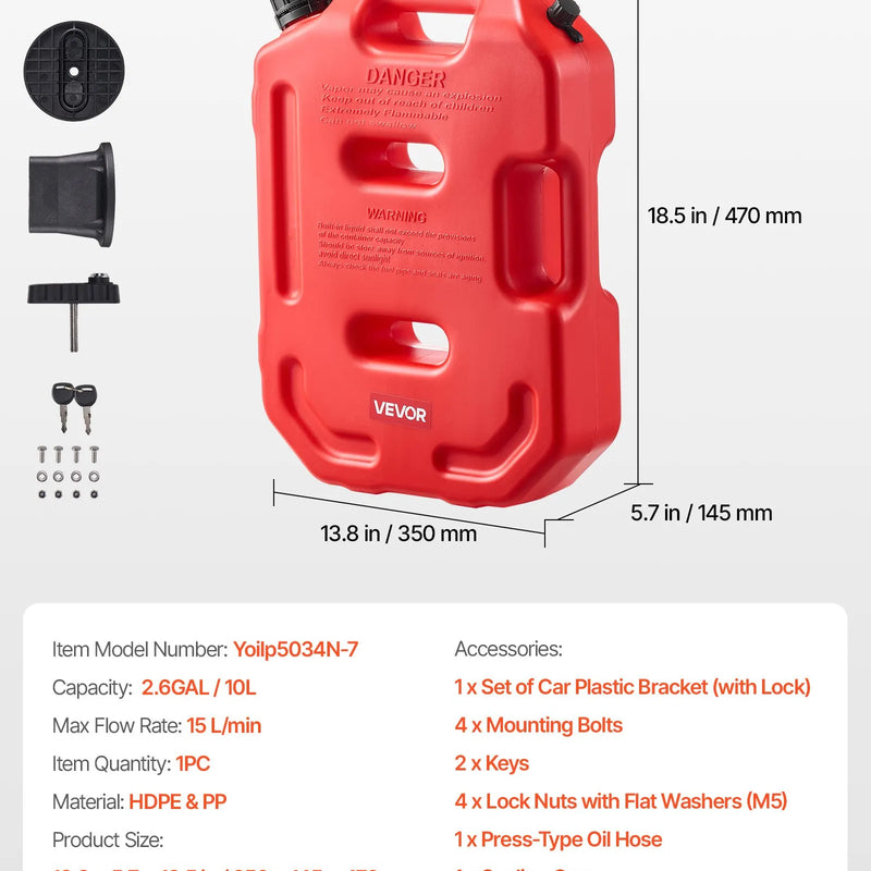 VEVOR degvielas kanna 10 l, plakana pārnēsājama degvielas tvertne ar uzgali un slēdzamu stiprinājumu, plūsmas ātrums līdz 15 l/min, hermētiska un droša, paredzēta automobiļiem, motocikliem, ATV un UTV, sarkana