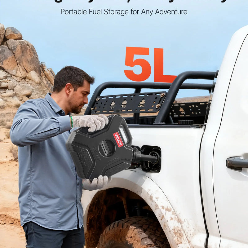 VEVOR degvielas kanna 5 l, plakana pārnēsājama degvielas tvertne ar uzgali un slēdzamu stiprinājumu, plūsmas ātrums līdz 15 l/min, hermētiska un droša, paredzēta automobiļiem, motocikliem, ATV un UTV, melna