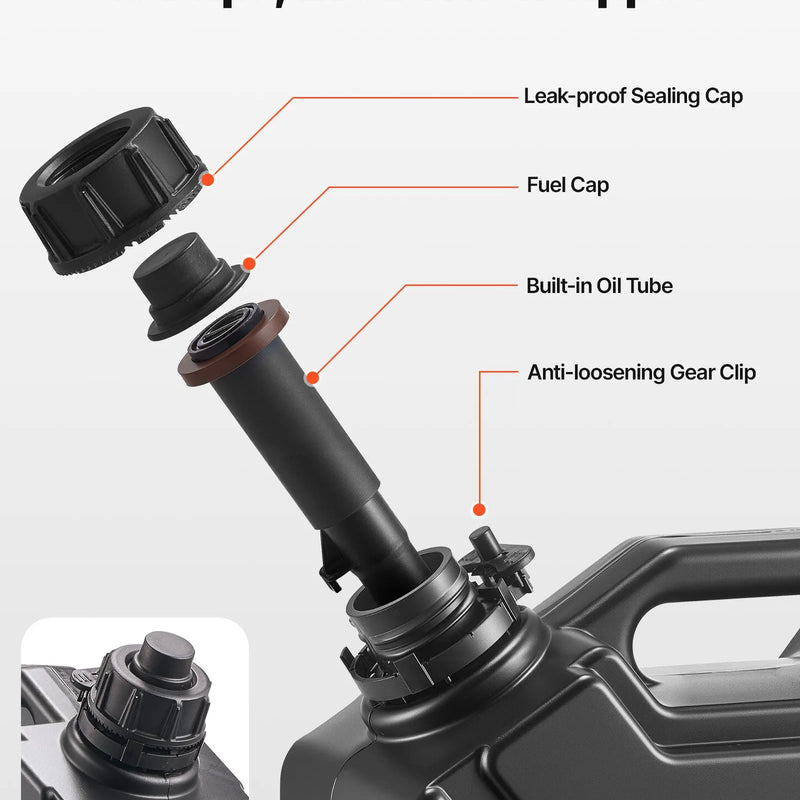 VEVOR degvielas kanna 5 l, plakana pārnēsājama degvielas tvertne ar uzgali un slēdzamu stiprinājumu, plūsmas ātrums līdz 15 l/min, hermētiska un droša, paredzēta automobiļiem, motocikliem, ATV un UTV, melna