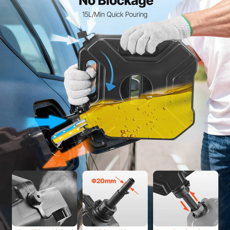 VEVOR degvielas kanna 5 l, plakana pārnēsājama degvielas tvertne ar uzgali un slēdzamu stiprinājumu, plūsmas ātrums līdz 15 l/min, hermētiska un droša, paredzēta automobiļiem, motocikliem, ATV un UTV, melna