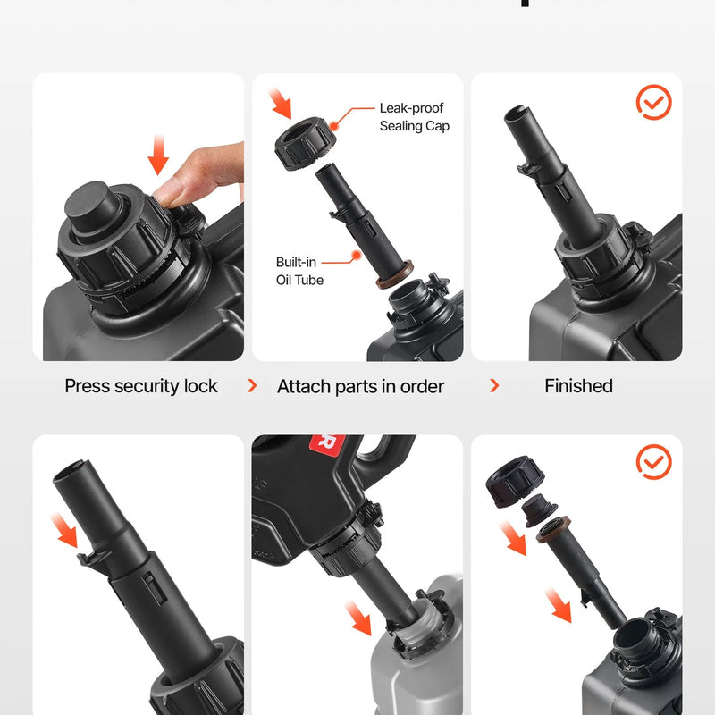 VEVOR degvielas kanna 5 l, plakana pārnēsājama degvielas tvertne ar uzgali un slēdzamu stiprinājumu, plūsmas ātrums līdz 15 l/min, hermētiska un droša, paredzēta automobiļiem, motocikliem, ATV un UTV, melna