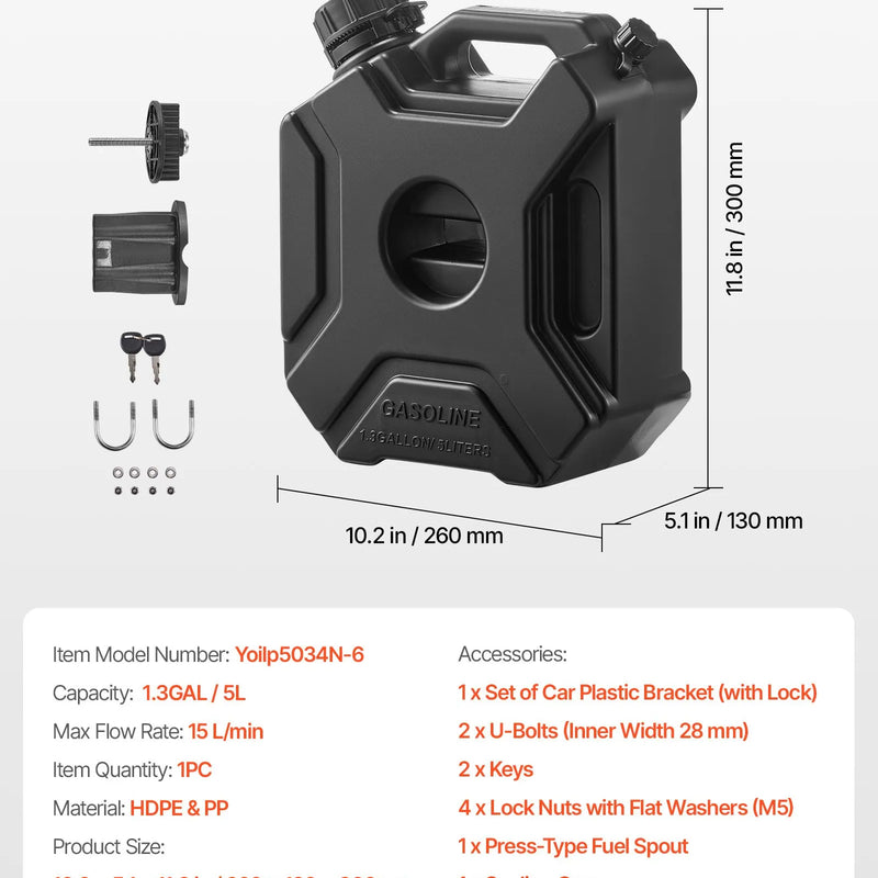 VEVOR degvielas kanna 5 l, plakana pārnēsājama degvielas tvertne ar uzgali un slēdzamu stiprinājumu, plūsmas ātrums līdz 15 l/min, hermētiska un droša, paredzēta automobiļiem, motocikliem, ATV un UTV, melna