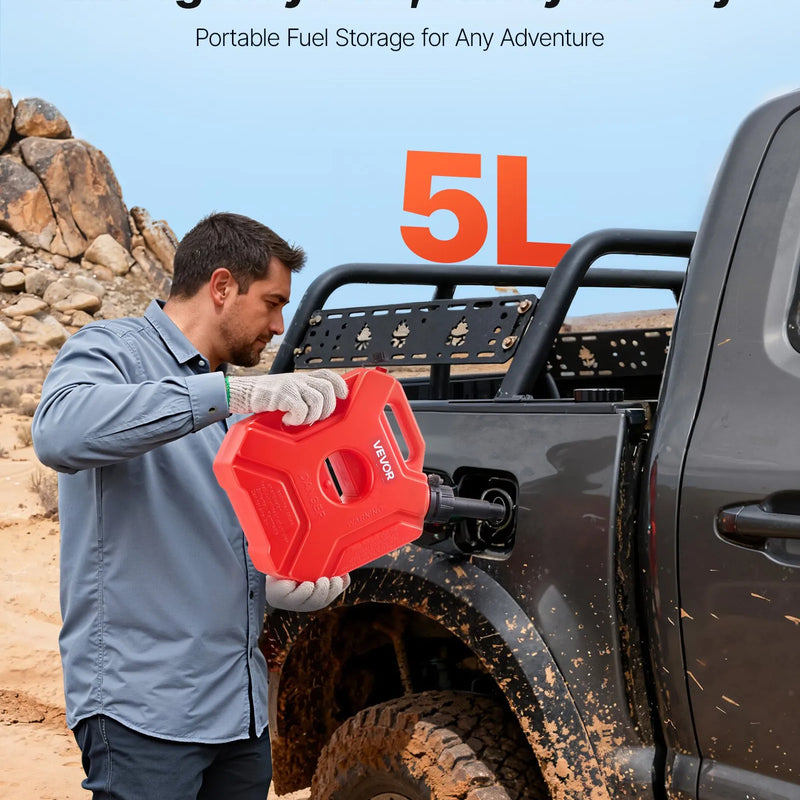 VEVOR degvielas kanna 5 l, plakana pārnēsājama degvielas tvertne ar uzgali un slēdzamu stiprinājumu, maksimālais plūsmas ātrums 15 l/min, hermētiska un droša, piemērota automašīnām, motocikliem, ATV un UTV, sarkana