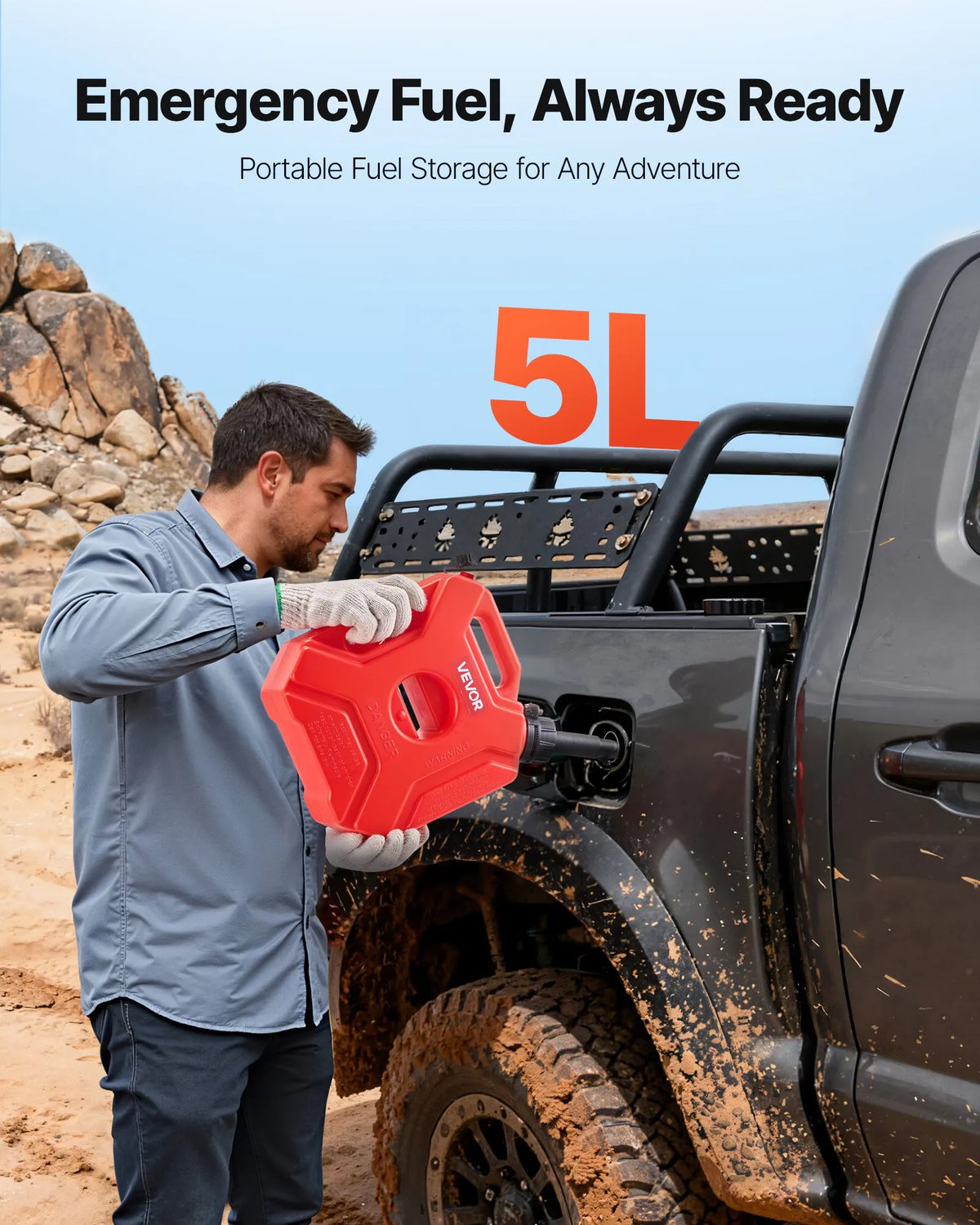 VEVOR 5 L Fuel Can, Flat Portable Fuel Tank with Spout and Locking Strap, Maximum Flow Rate 15 L/min, Hermetic and Safe, Suitable for Cars, Motorcycles, ATVs and UTVs, Red