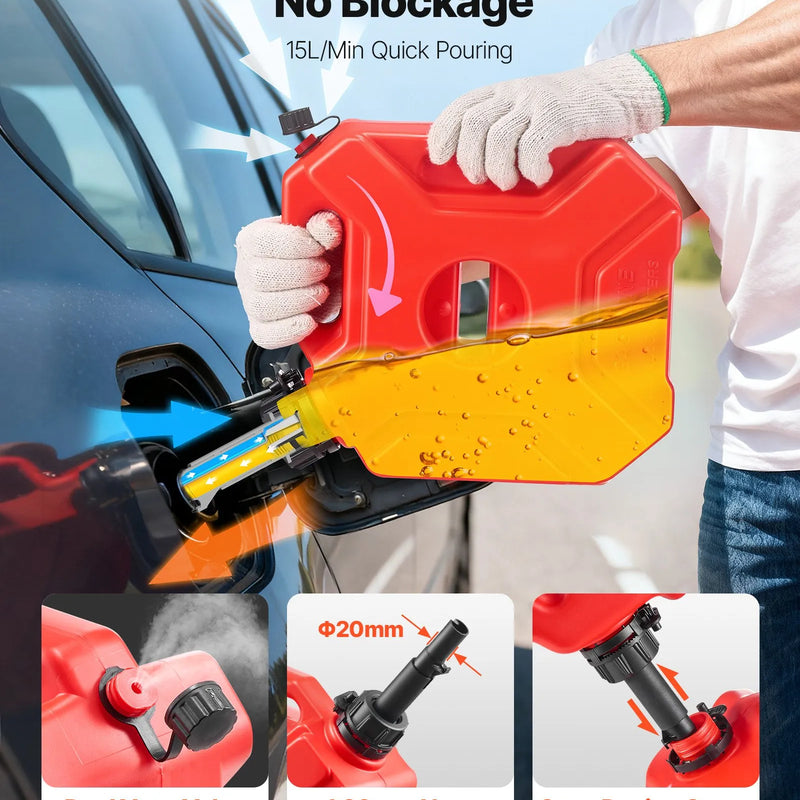 VEVOR degvielas kanna 5 l, plakana pārnēsājama degvielas tvertne ar uzgali un slēdzamu stiprinājumu, maksimālais plūsmas ātrums 15 l/min, hermētiska un droša, piemērota automašīnām, motocikliem, ATV un UTV, sarkana