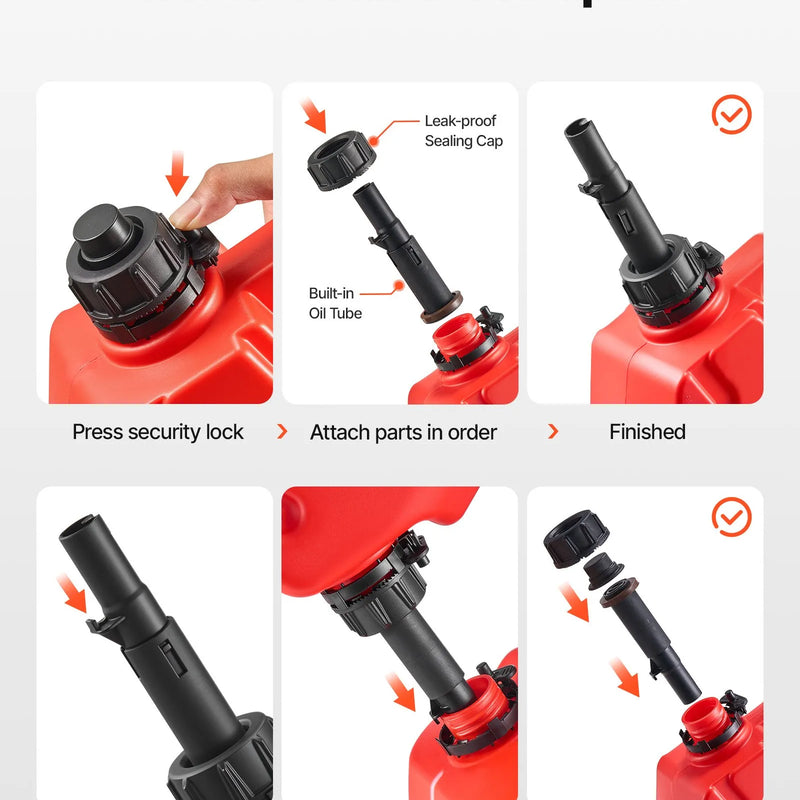 VEVOR degvielas kanna 5 l, plakana pārnēsājama degvielas tvertne ar uzgali un slēdzamu stiprinājumu, maksimālais plūsmas ātrums 15 l/min, hermētiska un droša, piemērota automašīnām, motocikliem, ATV un UTV, sarkana