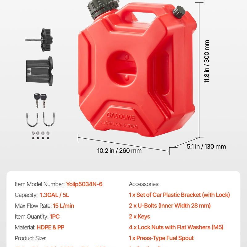 VEVOR degvielas kanna 5 l, plakana pārnēsājama degvielas tvertne ar uzgali un slēdzamu stiprinājumu, maksimālais plūsmas ātrums 15 l/min, hermētiska un droša, piemērota automašīnām, motocikliem, ATV un UTV, sarkana