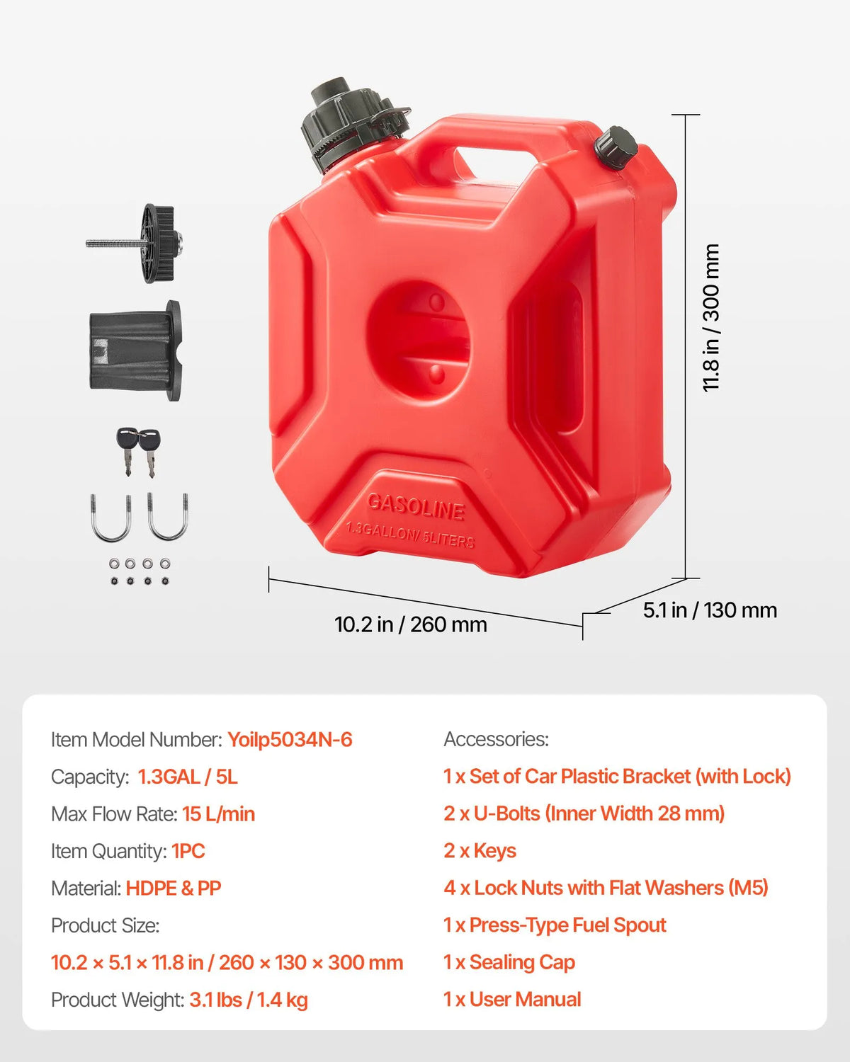 VEVOR 5 L Fuel Can, Flat Portable Fuel Tank with Spout and Locking Strap, Maximum Flow Rate 15 L/min, Hermetic and Safe, Suitable for Cars, Motorcycles, ATVs and UTVs, Red