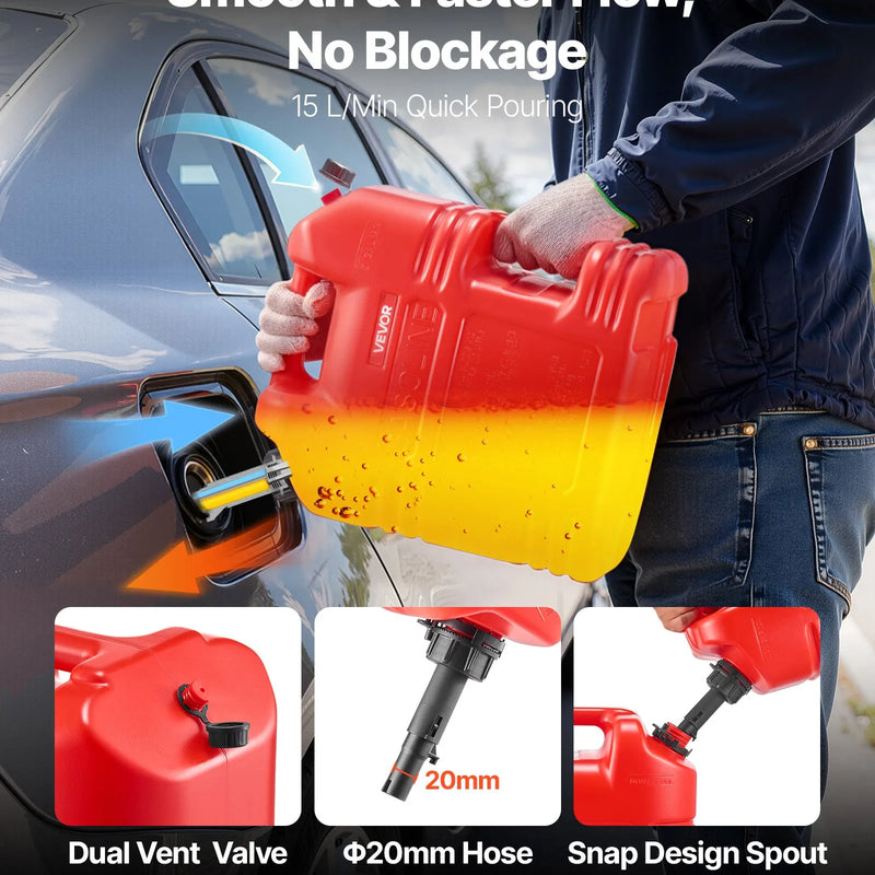 VEVOR degvielas tvertņu komplekts, 19 l, 4 gab., plakanas pārnēsājamas degvielas kannas ar uzgali un caurspīdīgu mēroga skalu, plūsmas ātrums līdz 15 l/min, hermētiskas un drošas, piemērotas automobiļiem, motocikliem, ATV un UTV, sarkanā krāsā