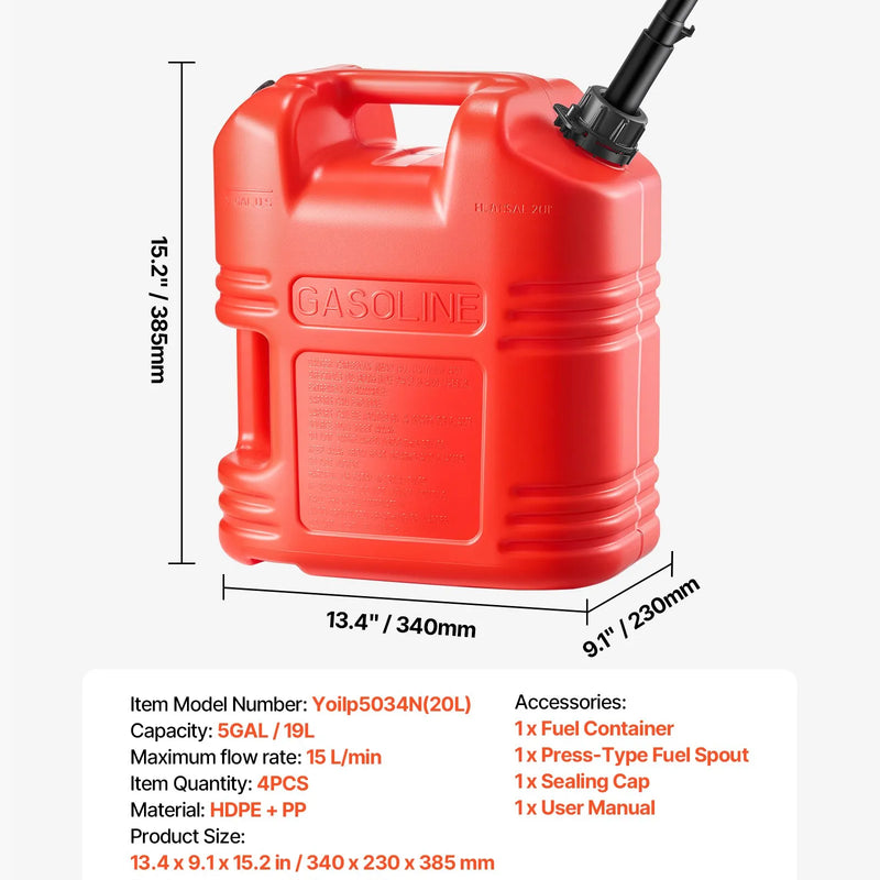 VEVOR degvielas tvertņu komplekts, 19 l, 4 gab., plakanas pārnēsājamas degvielas kannas ar uzgali un caurspīdīgu mēroga skalu, plūsmas ātrums līdz 15 l/min, hermētiskas un drošas, piemērotas automobiļiem, motocikliem, ATV un UTV, sarkanā krāsā