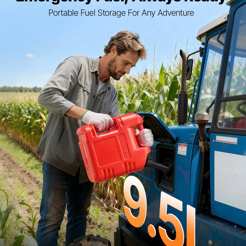 VEVOR degvielas tvertne 9,5 l, plakana pārnēsājama degvielas kanna ar uzgali un caurspīdīgu mērogu, maksimālā plūsma 15 l/min, hermētiska un droša, piemērota automašīnām, motocikliem, ATV un UTV, sarkana
