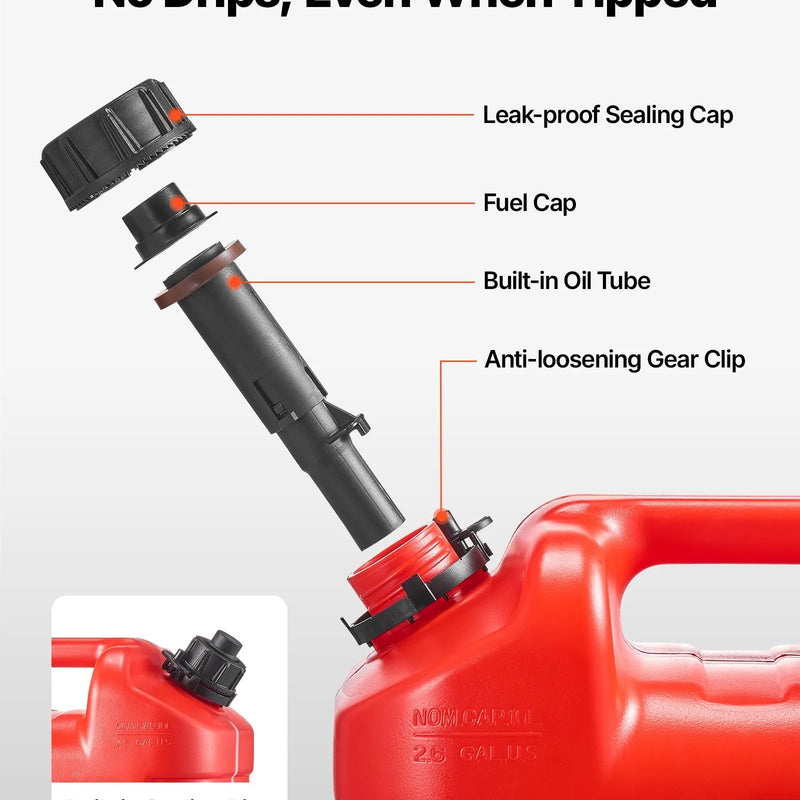 VEVOR degvielas tvertne 9,5 l, plakana pārnēsājama degvielas kanna ar uzgali un caurspīdīgu mērogu, maksimālā plūsma 15 l/min, hermētiska un droša, piemērota automašīnām, motocikliem, ATV un UTV, sarkana