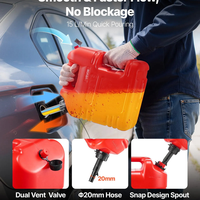 VEVOR degvielas tvertne 9,5 l, plakana pārnēsājama degvielas kanna ar uzgali un caurspīdīgu mērogu, maksimālā plūsma 15 l/min, hermētiska un droša, piemērota automašīnām, motocikliem, ATV un UTV, sarkana