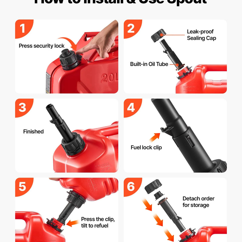 VEVOR degvielas tvertne 9,5 l, plakana pārnēsājama degvielas kanna ar uzgali un caurspīdīgu mērogu, maksimālā plūsma 15 l/min, hermētiska un droša, piemērota automašīnām, motocikliem, ATV un UTV, sarkana