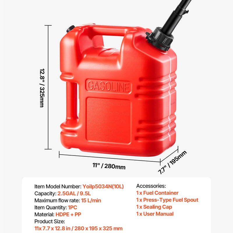 VEVOR degvielas tvertne 9,5 l, plakana pārnēsājama degvielas kanna ar uzgali un caurspīdīgu mērogu, maksimālā plūsma 15 l/min, hermētiska un droša, piemērota automašīnām, motocikliem, ATV un UTV, sarkana