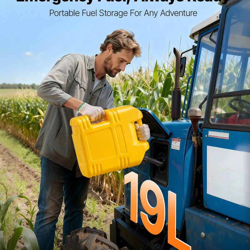 VEVOR degvielas tvertne 19 l, plakana pārnēsājama degvielas kanna ar uzgali un caurspīdīgu mēroga skalu, plūsmas ātrums līdz 15 l/min, hermētiska un droša, piemērota automobiļiem, motocikliem, SUV, ATV un UTV, dzeltena