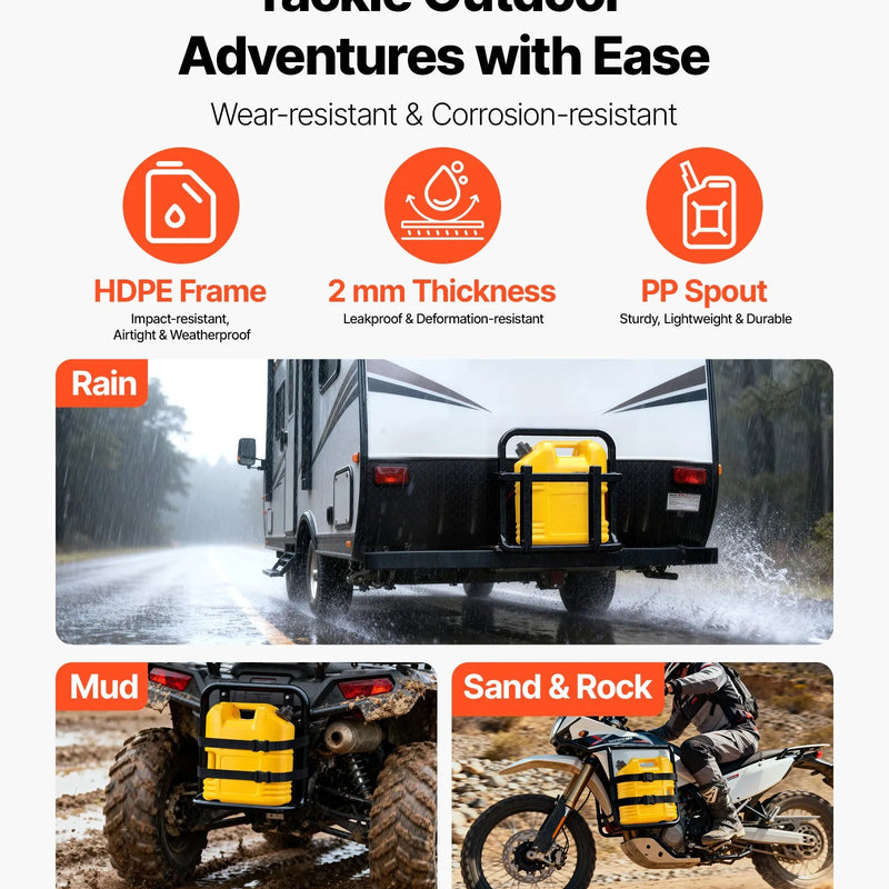 VEVOR degvielas tvertne 19 l, plakana pārnēsājama degvielas kanna ar uzgali un caurspīdīgu mēroga skalu, plūsmas ātrums līdz 15 l/min, hermētiska un droša, piemērota automobiļiem, motocikliem, SUV, ATV un UTV, dzeltena