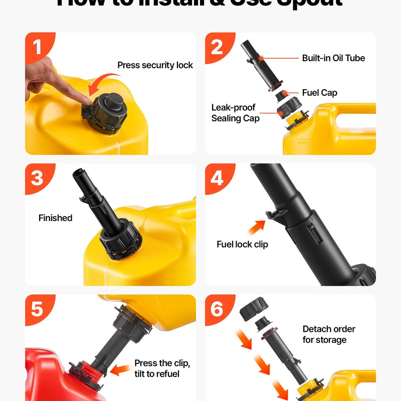 VEVOR degvielas tvertne 19 l, plakana pārnēsājama degvielas kanna ar uzgali un caurspīdīgu mēroga skalu, plūsmas ātrums līdz 15 l/min, hermētiska un droša, piemērota automobiļiem, motocikliem, SUV, ATV un UTV, dzeltena