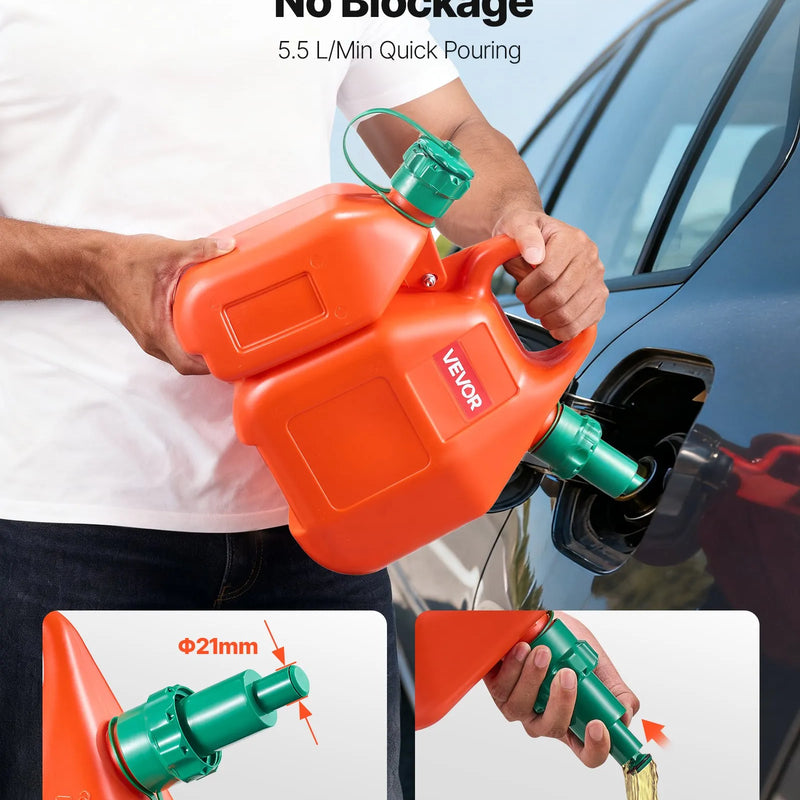 VEVOR degvielas kanna 6 l ar izliešanas snīpi un papildu eļļas kannu 1,9 l, maks. plūsma 5,5 l/min, hermētiska plakana pārnēsājama šķidruma kanna automašīnām, motocikliem, ATV un UTV