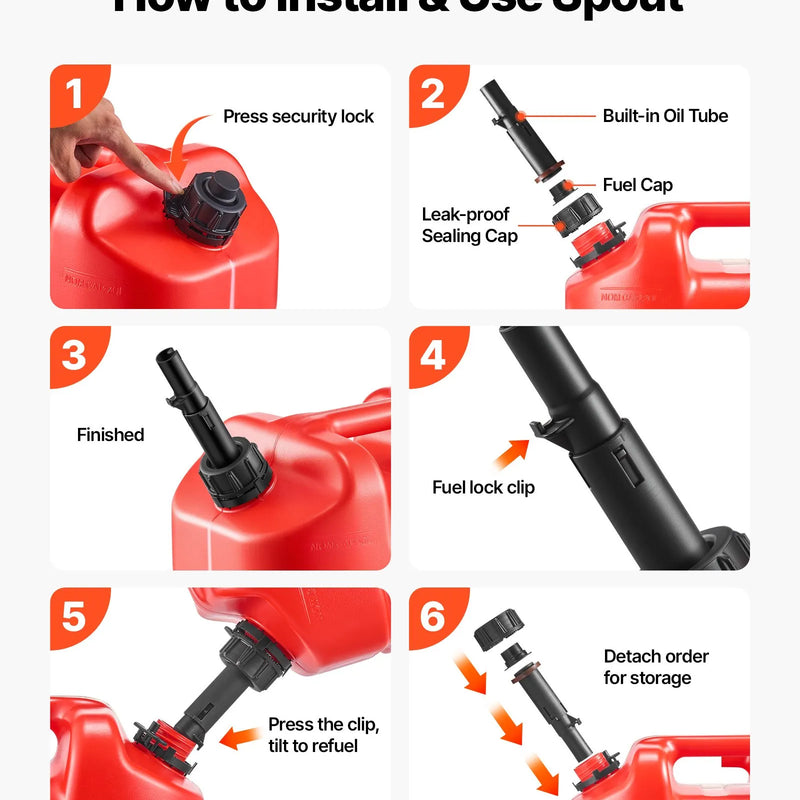 VEVOR degvielas tvertne 19 l, plakana pārnēsājama degvielas kanna ar uzgali un caurspīdīgu mēroga skalu, plūsmas ātrums līdz 15 l/min, hermētiska un droša, piemērota automobiļiem, motocikliem, ATV un UTV, sarkanā krāsā