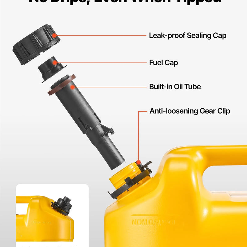 VEVOR degvielas tvertņu komplekts, 19 l, 2 gab., plakanas pārnēsājamas degvielas kannas ar uzgali un caurspīdīgu mēroga skalu, plūsmas ātrums līdz 15 l/min, hermētiskas un drošas, paredzētas automobiļiem, motocikliem, SUV, ATV un UTV, dzeltenas