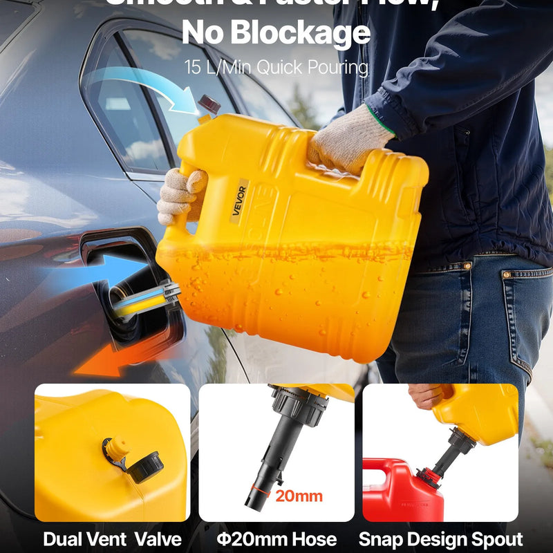 VEVOR degvielas tvertņu komplekts, 19 l, 2 gab., plakanas pārnēsājamas degvielas kannas ar uzgali un caurspīdīgu mēroga skalu, plūsmas ātrums līdz 15 l/min, hermētiskas un drošas, paredzētas automobiļiem, motocikliem, SUV, ATV un UTV, dzeltenas