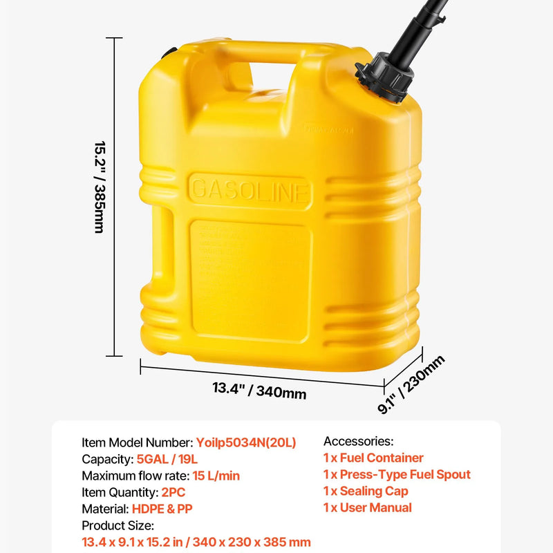 VEVOR degvielas tvertņu komplekts, 19 l, 2 gab., plakanas pārnēsājamas degvielas kannas ar uzgali un caurspīdīgu mēroga skalu, plūsmas ātrums līdz 15 l/min, hermētiskas un drošas, paredzētas automobiļiem, motocikliem, SUV, ATV un UTV, dzeltenas