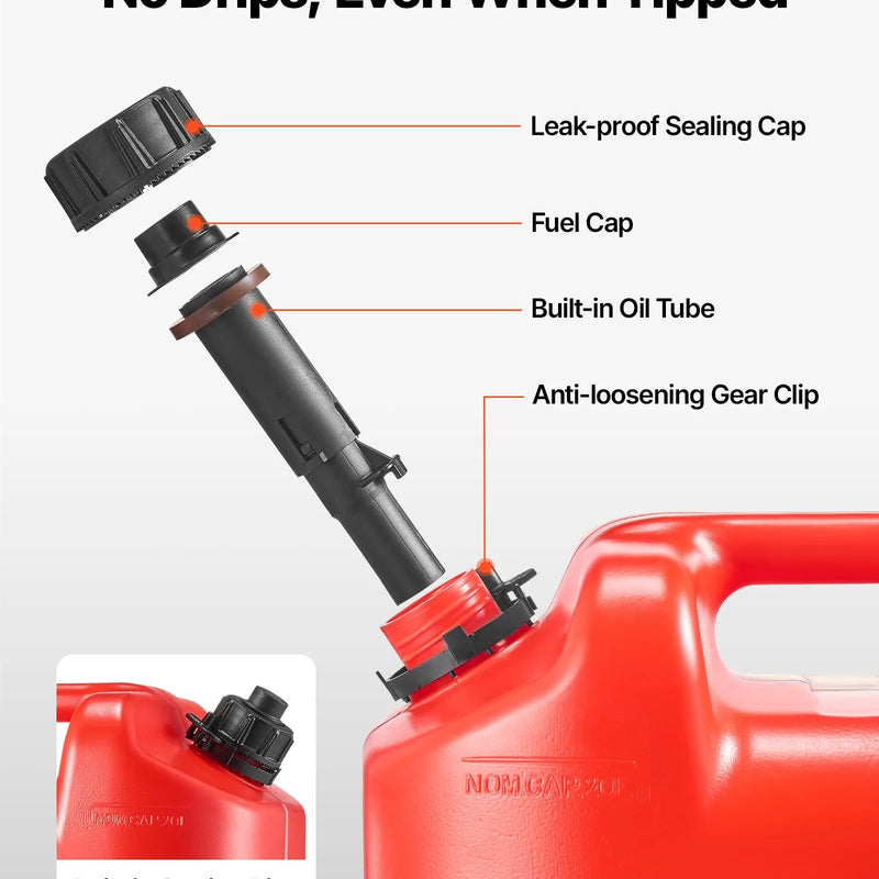 VEVOR degvielas tvertņu komplekts, 19 l, 2 gab., plakanas pārnēsājamas degvielas kannas ar uzgali un caurspīdīgu mēroga skalu, plūsmas ātrums līdz 15 l/min, hermētiskas un drošas, piemērotas automobiļiem, motocikliem, ATV un UTV, sarkanā krāsā