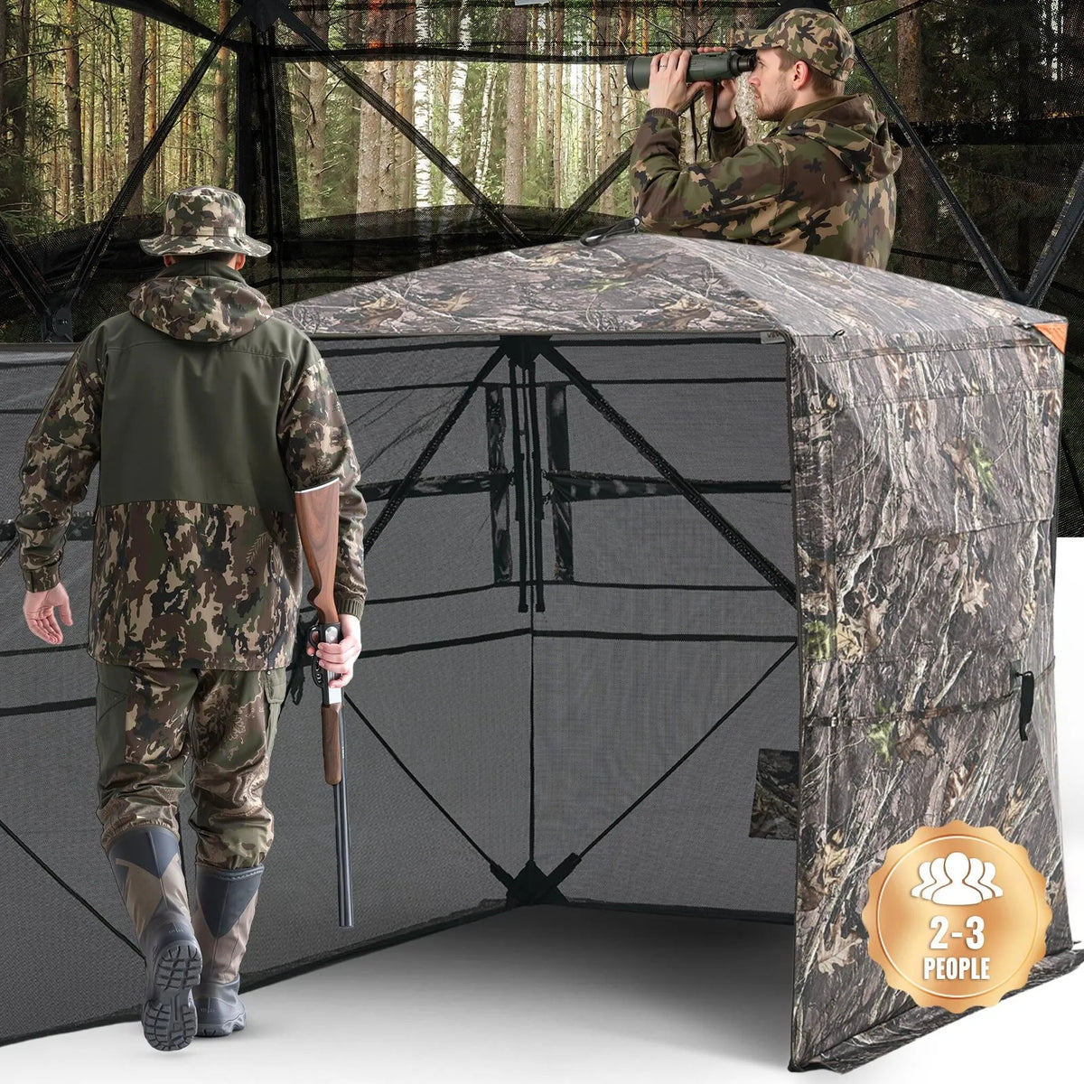 Hunting Blind for 2–3 People with Transparent Construction, Portable Bag, 360° Portable Camouflage Tent, Durable Hide with Silent Side Doors and Window Design, Suitable for Deer and Turkey Hunting