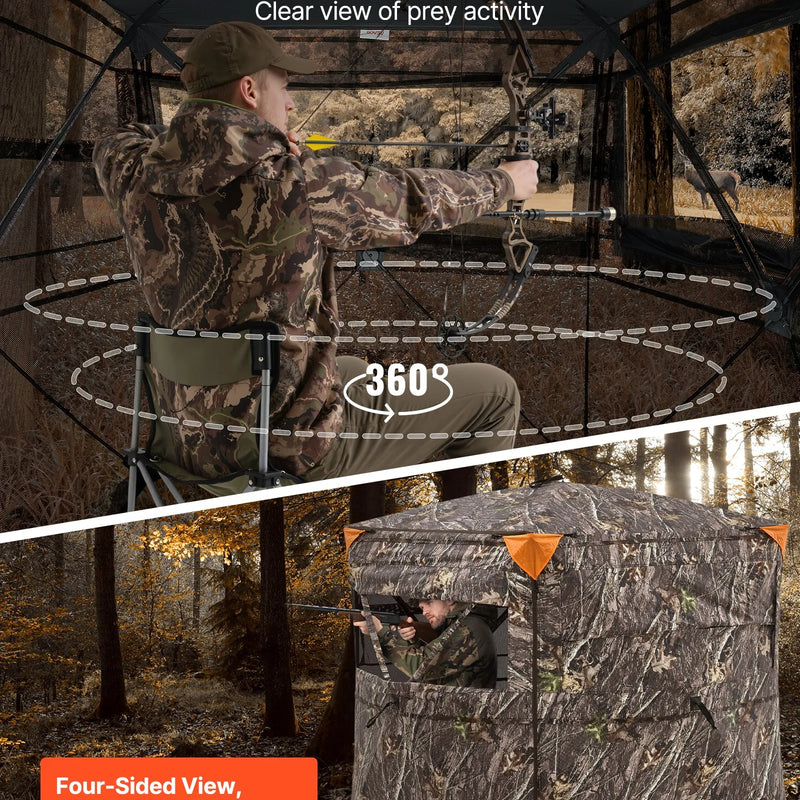 Medību slēpnis 2-3 personām ar caurredzamu konstrukciju, pārnēsājamo somu, 360° portatīvu maskēšanās telti, izturīgu slēptuvi ar kluso sānu durvju un logu dizainu, piemērots briežu un tītaru medībām.