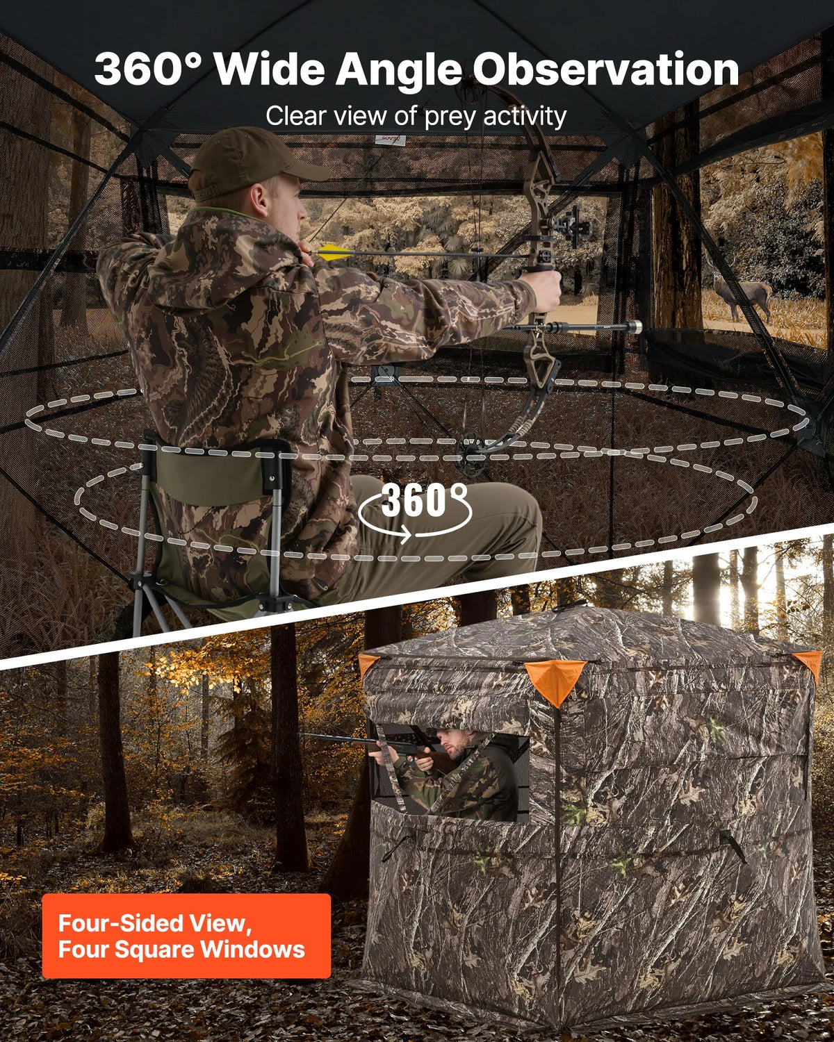 Hunting Blind for 2–3 People with Transparent Construction, Portable Bag, 360° Portable Camouflage Tent, Durable Hide with Silent Side Doors and Window Design, Suitable for Deer and Turkey Hunting