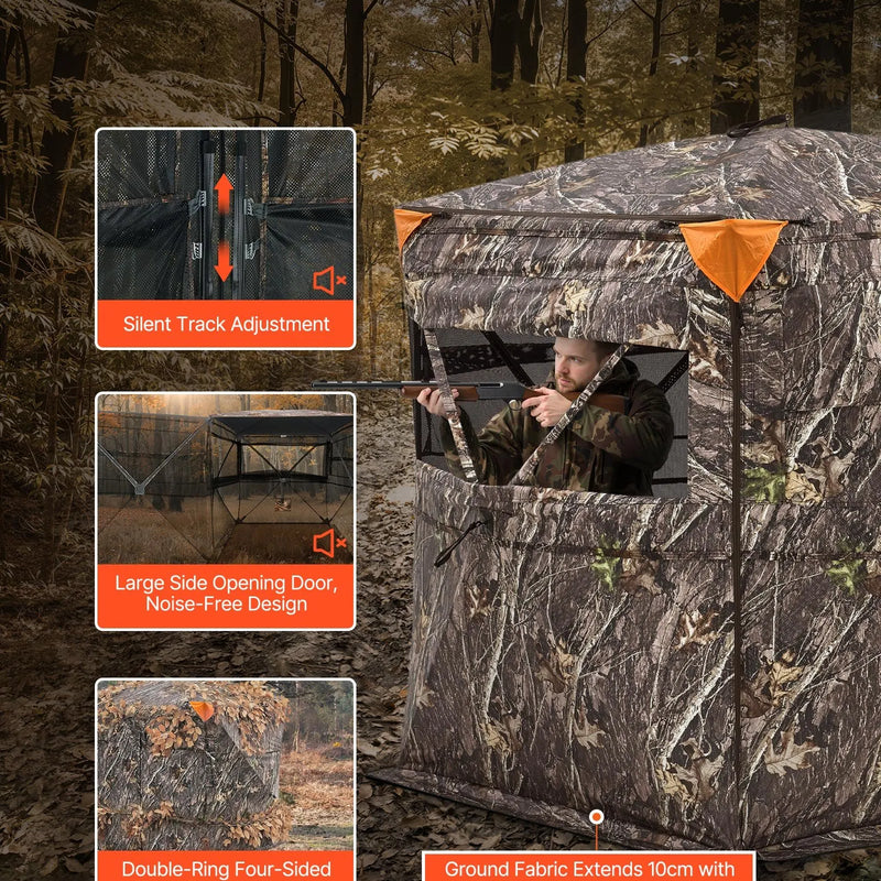 Medību slēpnis 2-3 personām ar caurredzamu konstrukciju, pārnēsājamo somu, 360° portatīvu maskēšanās telti, izturīgu slēptuvi ar kluso sānu durvju un logu dizainu, piemērots briežu un tītaru medībām.