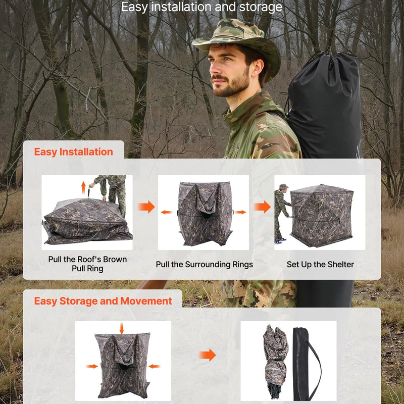 Medību slēpnis 2-3 personām ar caurredzamu konstrukciju, pārnēsājamo somu, 360° portatīvu maskēšanās telti, izturīgu slēptuvi ar kluso sānu durvju un logu dizainu, piemērots briežu un tītaru medībām.