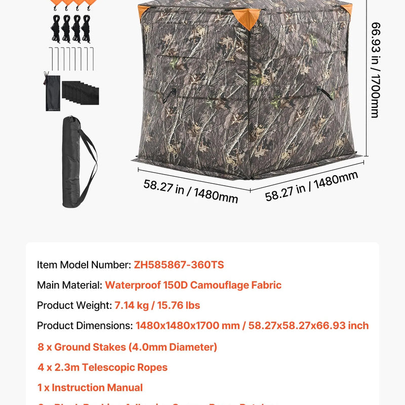 Medību slēpnis 2-3 personām ar caurredzamu konstrukciju, pārnēsājamo somu, 360° portatīvu maskēšanās telti, izturīgu slēptuvi ar kluso sānu durvju un logu dizainu, piemērots briežu un tītaru medībām.