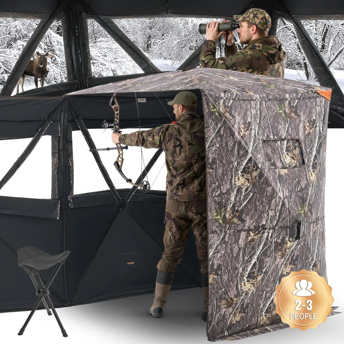 Hunting Blind for 2–3 People with Thermal Insulation, Tripod Chair and Carry Bag, Portable Camouflage Tent, Durable Blind with Silent Zip Door and Window Design, Suitable for Deer and Turkey Hunting
