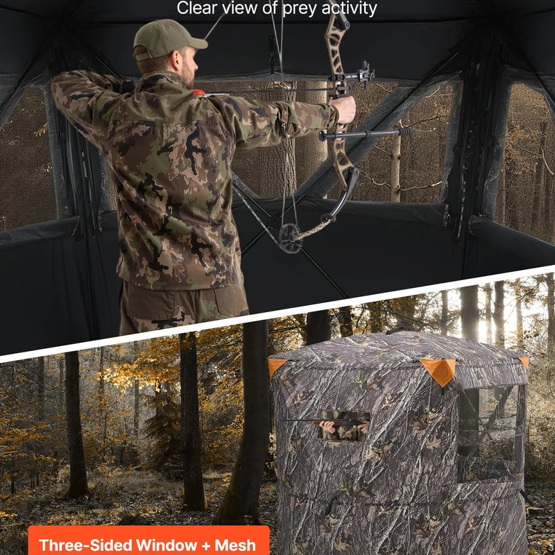 Medību slēpnis 2-3 personām ar termoizolāciju, trijkāja krēslu un pārnēsājamo somu, portatīva maskēšanās telts, izturīgs slēpnis ar kluso rāvējslēdzēja durvju un logu dizainu, piemērots briežu un tītaru medībām.