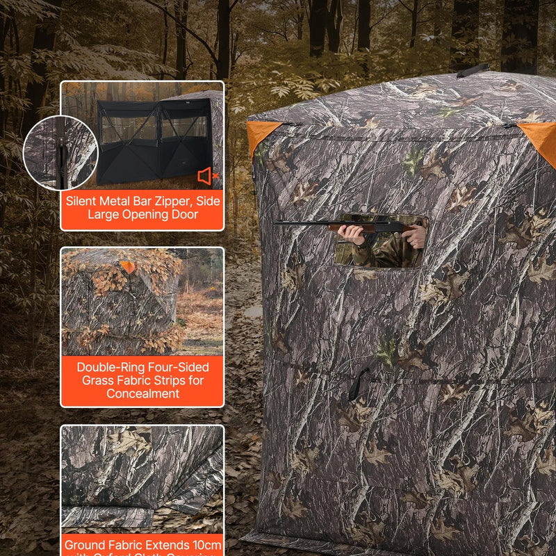 Medību slēpnis 2-3 personām ar termoizolāciju, trijkāja krēslu un pārnēsājamo somu, portatīva maskēšanās telts, izturīgs slēpnis ar kluso rāvējslēdzēja durvju un logu dizainu, piemērots briežu un tītaru medībām.