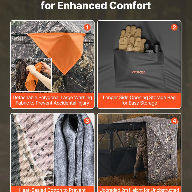 Medību slēpnis 2-3 personām ar termoizolāciju, trijkāja krēslu un pārnēsājamo somu, portatīva maskēšanās telts, izturīgs slēpnis ar kluso rāvējslēdzēja durvju un logu dizainu, piemērots briežu un tītaru medībām.