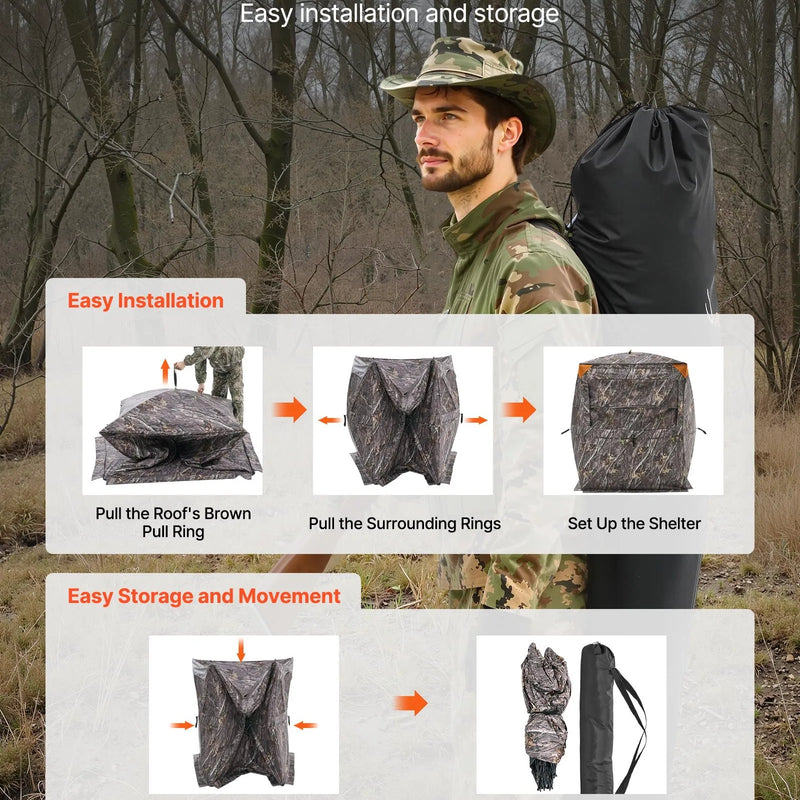 Medību slēpnis 2-3 personām ar termoizolāciju, trijkāja krēslu un pārnēsājamo somu, portatīva maskēšanās telts, izturīgs slēpnis ar kluso rāvējslēdzēja durvju un logu dizainu, piemērots briežu un tītaru medībām.