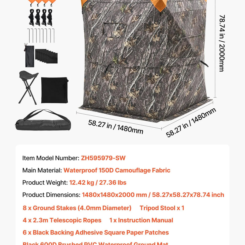 Medību slēpnis 2-3 personām ar termoizolāciju, trijkāja krēslu un pārnēsājamo somu, portatīva maskēšanās telts, izturīgs slēpnis ar kluso rāvējslēdzēja durvju un logu dizainu, piemērots briežu un tītaru medībām.